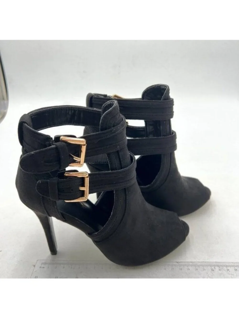 XYD Women Peep Toe Ankle Bootie High Heels Buckled Double Straps Cutout Shoes